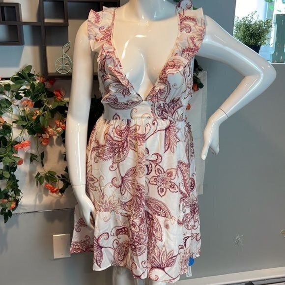 Cupshe Plunge Ruffle Fitted Waist Tie A-Shape Dress White Pink Size Large‎ - Picture 5 of 14